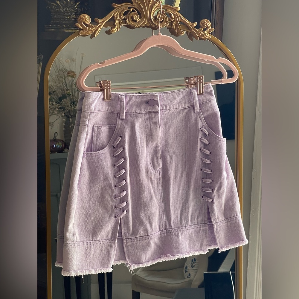 Nwt Ellilatt Lavender Denim Falcon Skirt With Lace Up Detail